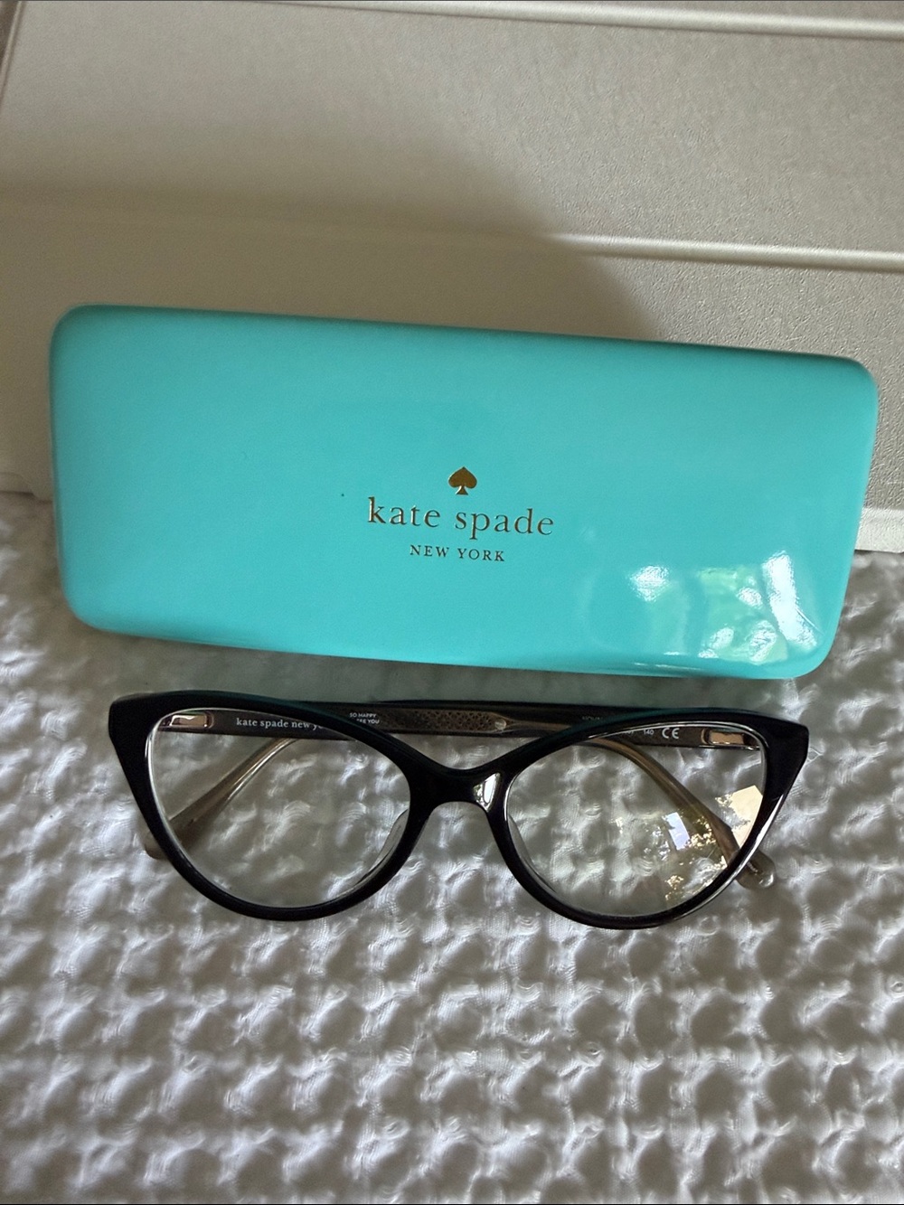 kate spade Black Cat-Eye Optical Glasses with Teal Case